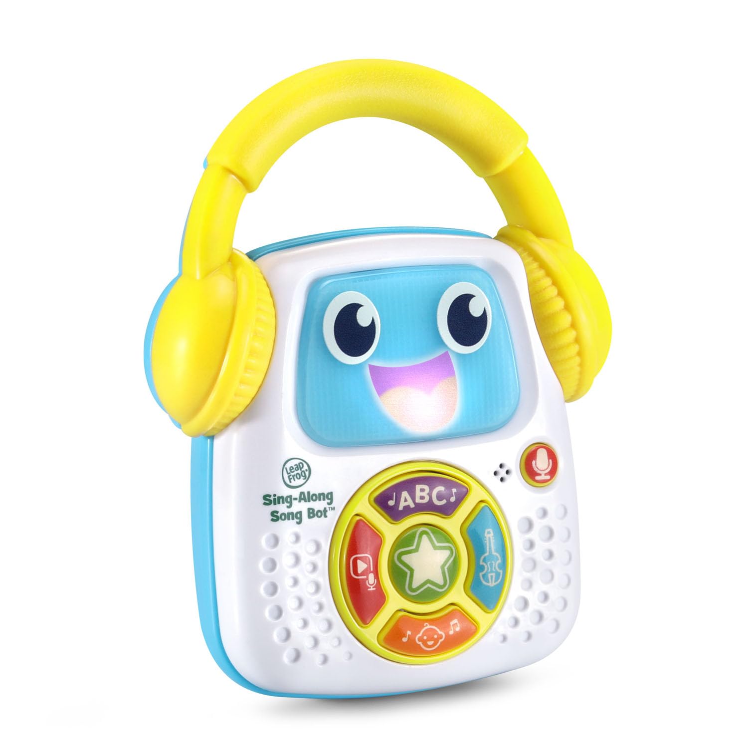 Close-up view of the microphone recording button and musical selection controls on the LeapFrog song bot.