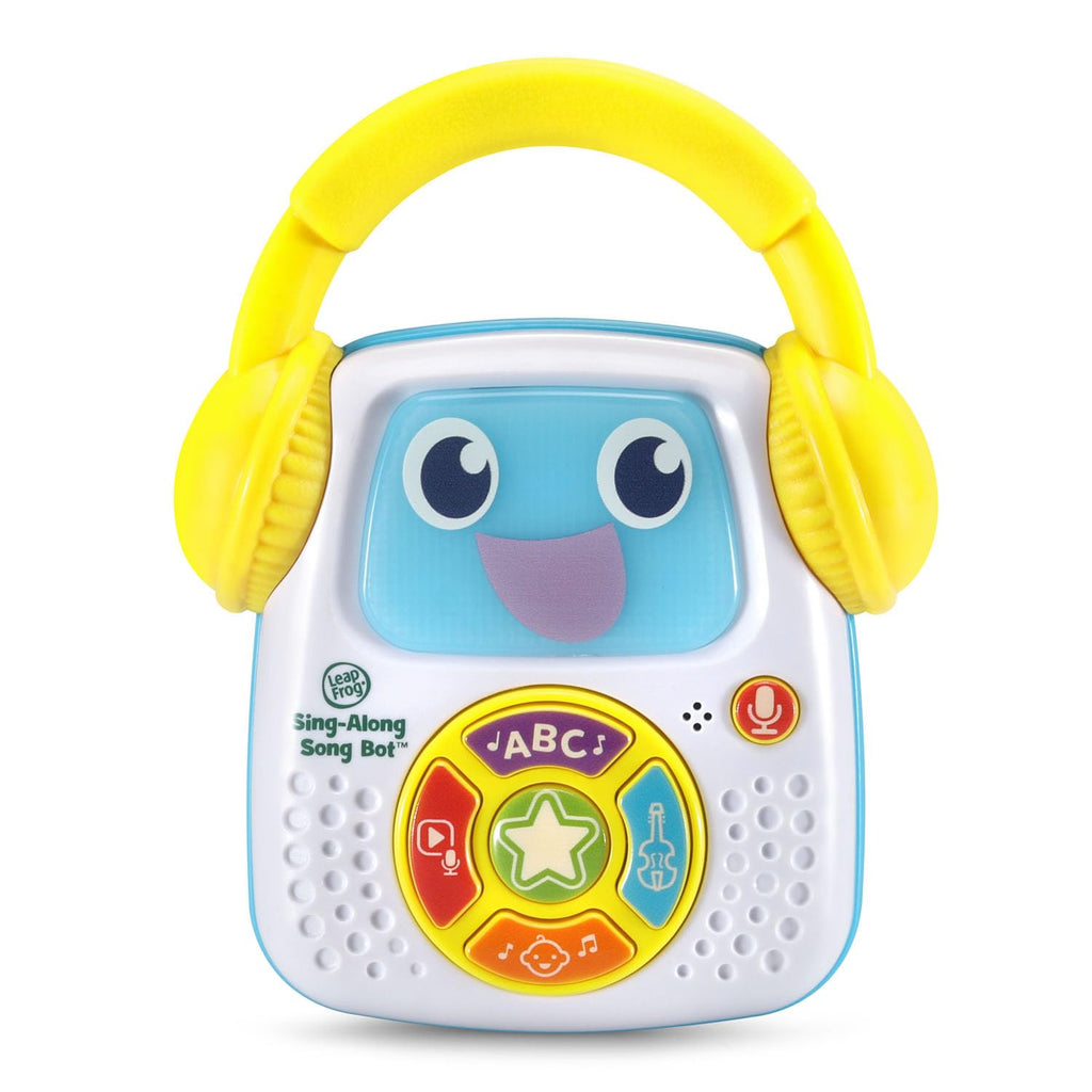 Rear view of the white LeapFrog singing robot displaying the secure battery compartment and volume selection switch.