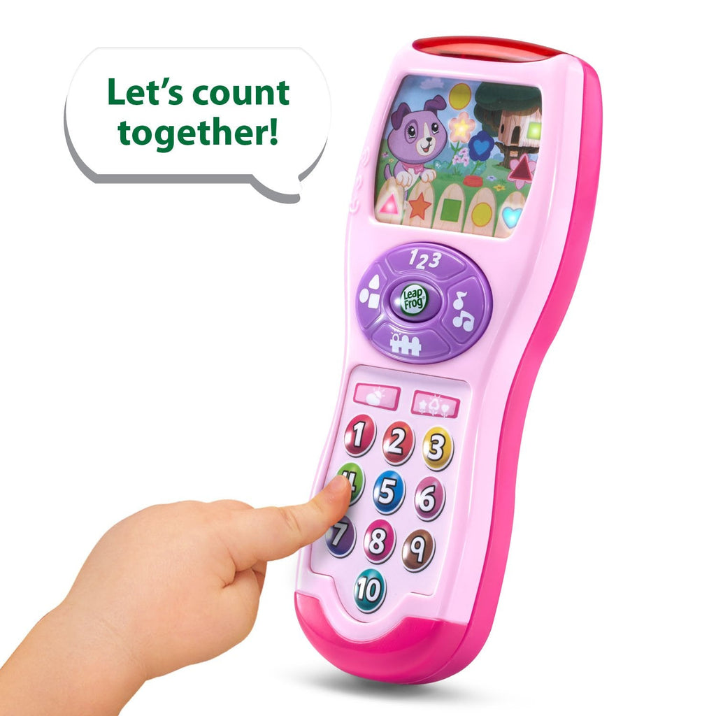 LeapFrog pink pretend play remote control toy highlighting the vibrant light up interactive display screen.