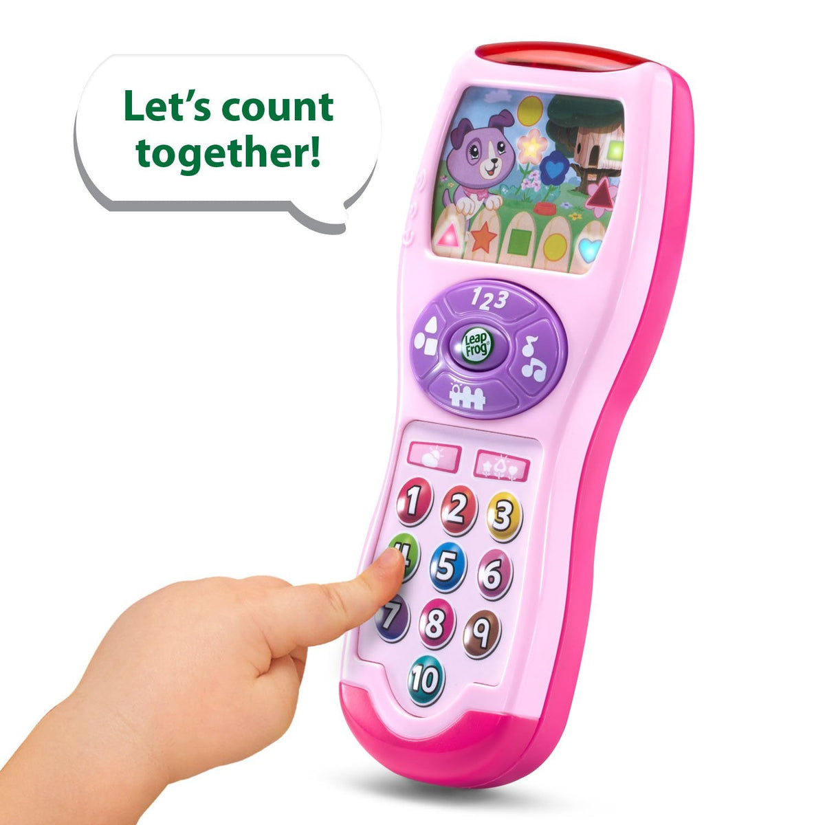 LeapFrog pink pretend play remote control toy highlighting the vibrant light up interactive display screen.