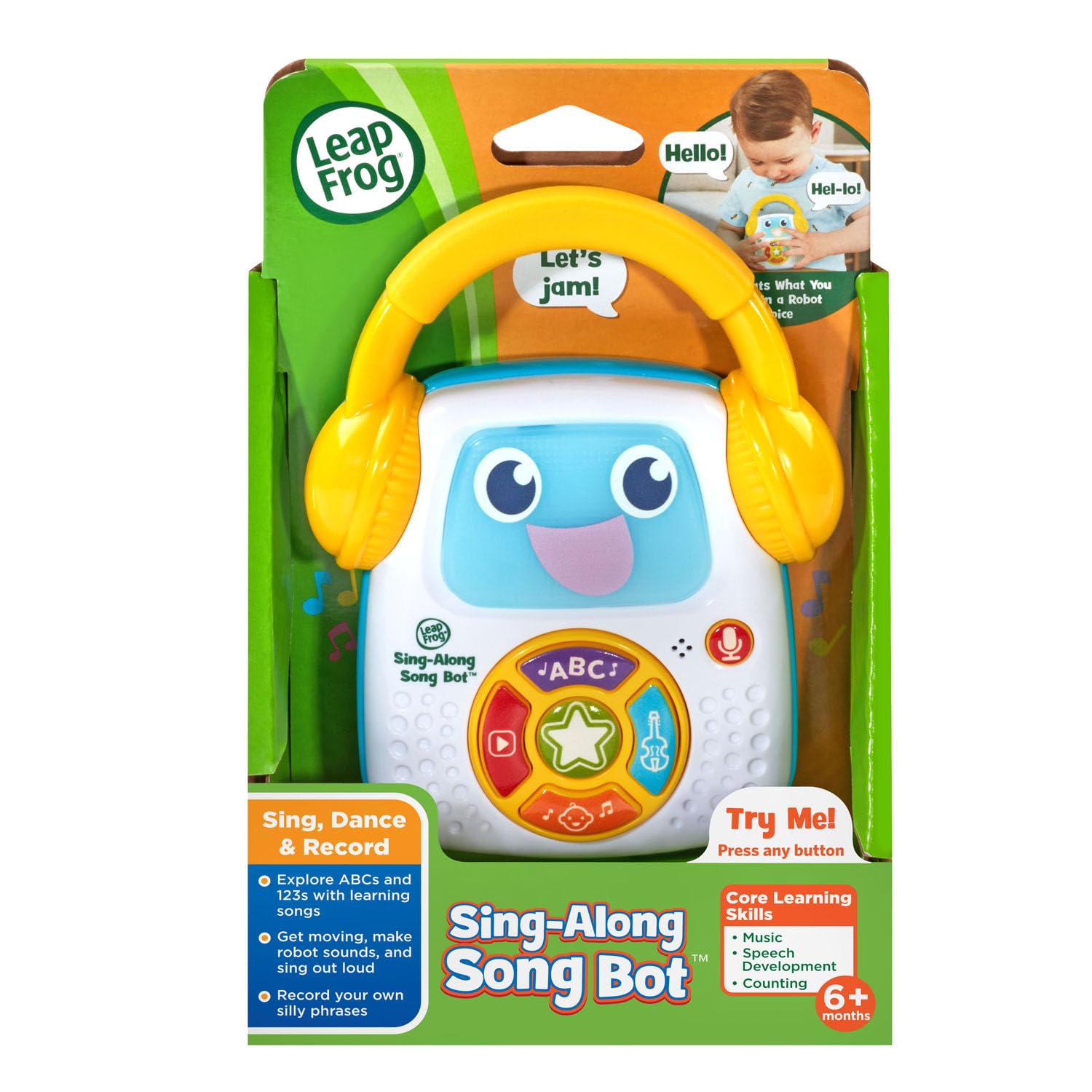 LeapFrog infant musical toy packaging detailing the alphabet, counting, and voice-changing features.