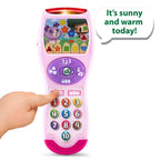 Close up view of the pink LeapFrog toddler remote button layout featuring numbers and shapes.