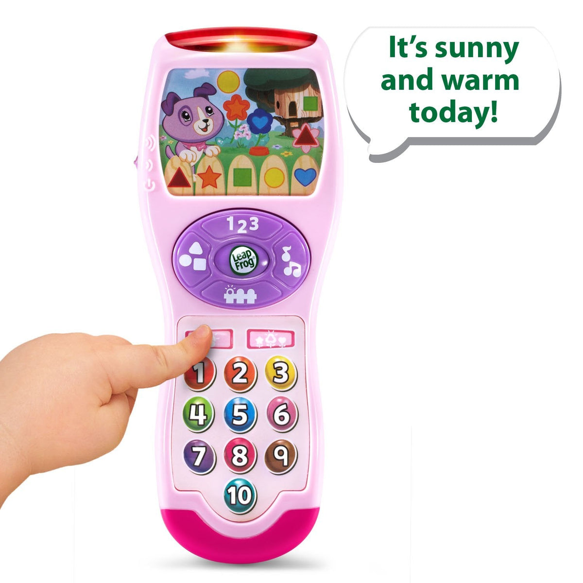 Close up view of the pink LeapFrog toddler remote button layout featuring numbers and shapes.