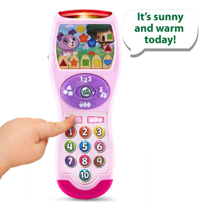 Close up view of the pink LeapFrog toddler remote button layout featuring numbers and shapes.