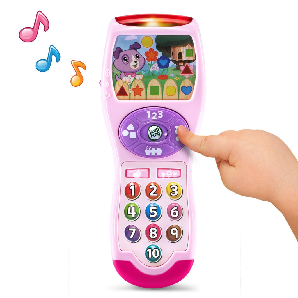 Back perspective of the durable pink electronic learning remote detailing the secure battery compartment.