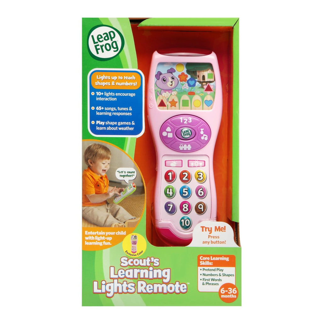 Toddler toy remote control by LeapFrog illuminating its screen with integrated learning lights.