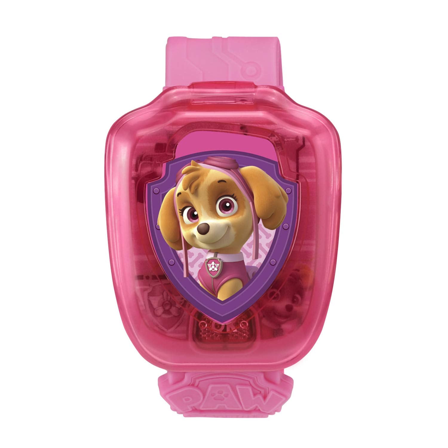 Vtech children smart device displaying digital clock face with Skye cover open