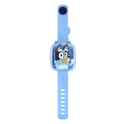 Bluey Wackadoo toddler wristwatch displaying one of the eight customisable digital clock faces.
