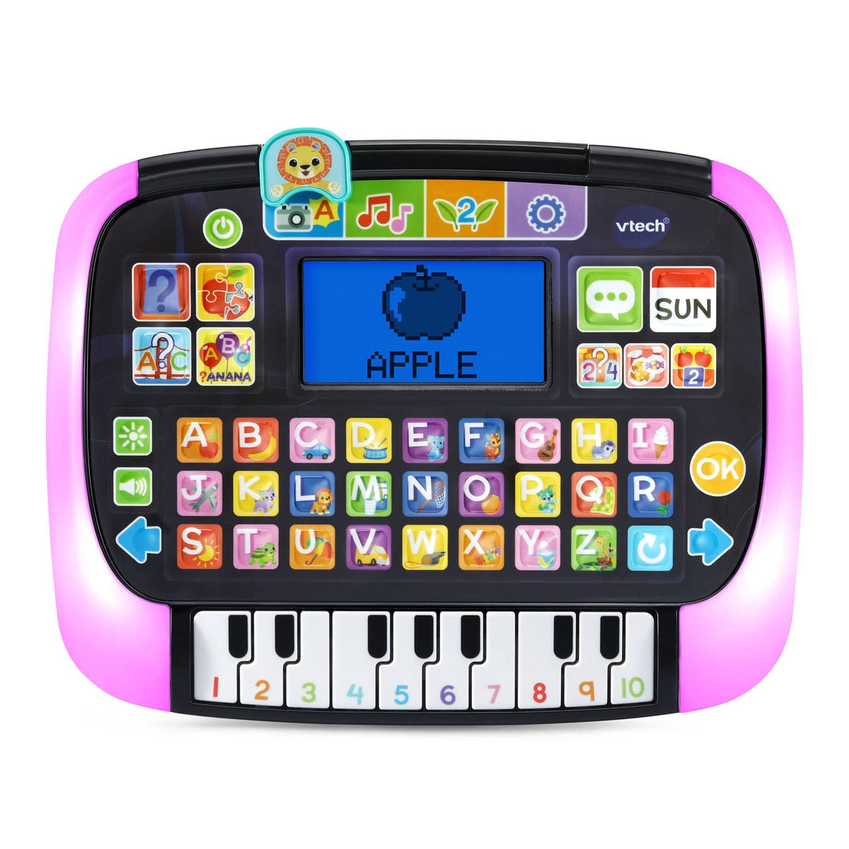 Close up view of the alphabet buttons and number selection keys on the VTech kids tablet