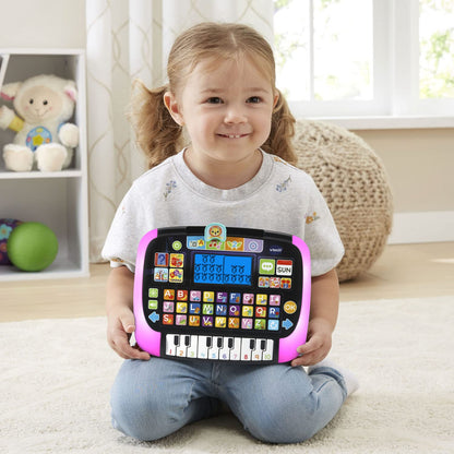 Back side of the black VTech toddler tablet showing the secure battery compartment lock