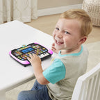 VTech preschool tablet toy illuminating in bright pink light during a counting game sequence