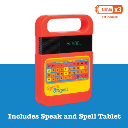 PlayMonster Speak And Spell handheld arcade game packaging box graphics highlighting eighties retro style design