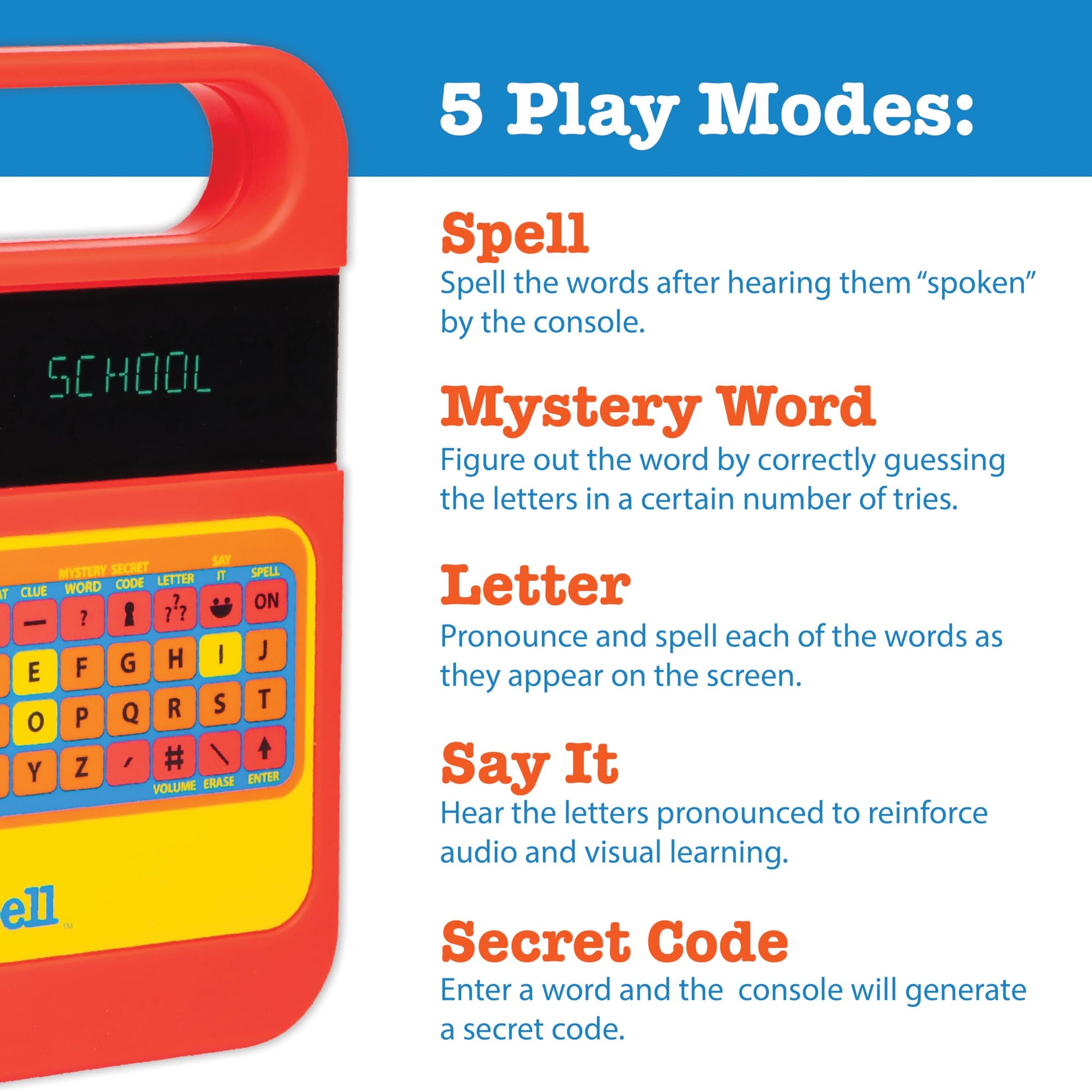 PlayMonster Speak And Spell educational toy being held by a child demonstrating screen free spelling practice