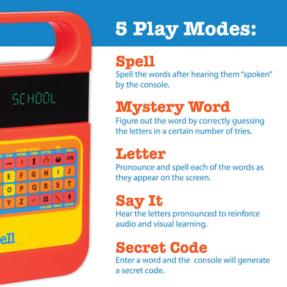 PlayMonster Speak And Spell educational toy being held by a child demonstrating screen free spelling practice