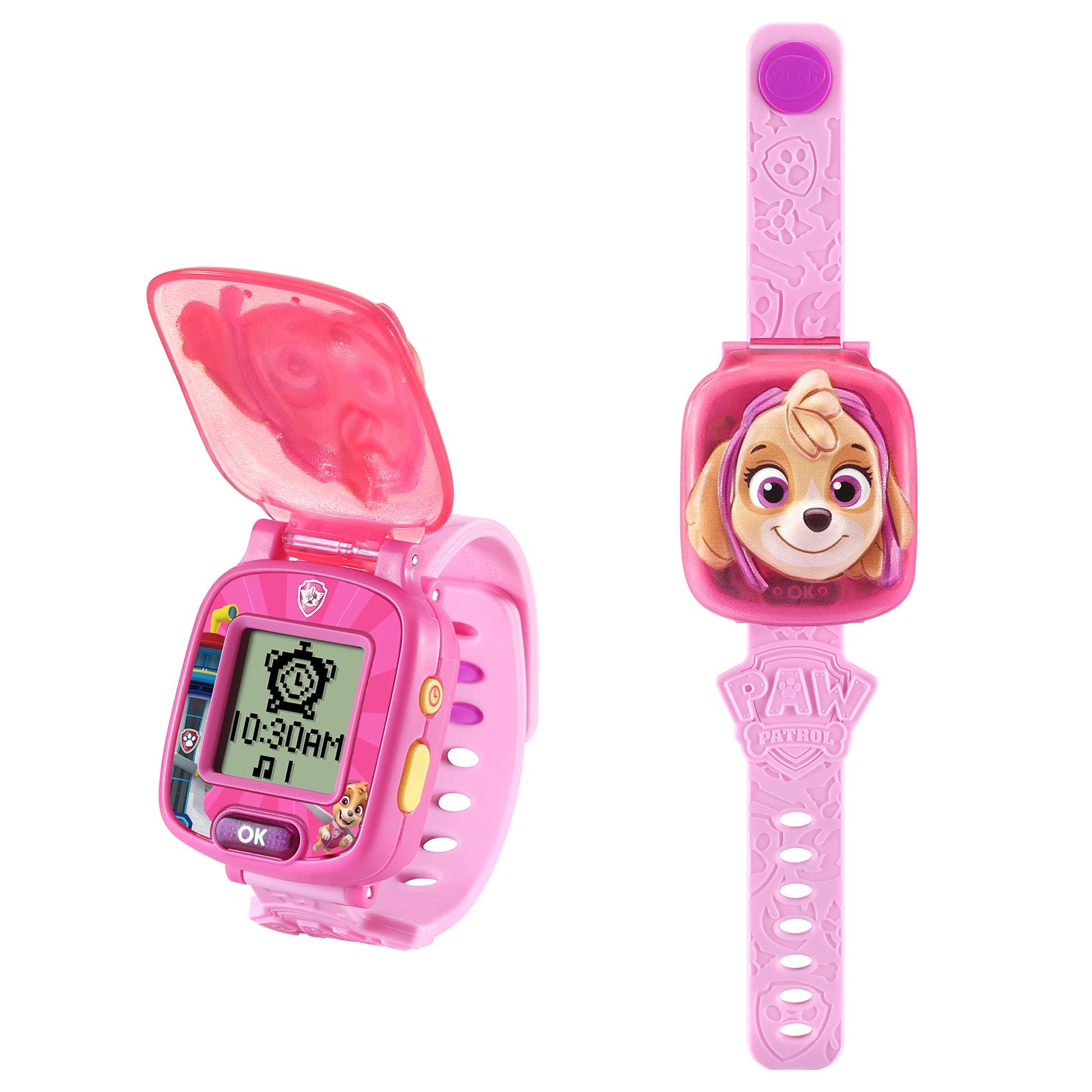 VTech PAW Patrol Skye interactive watch displaying the digital clock face options for kids