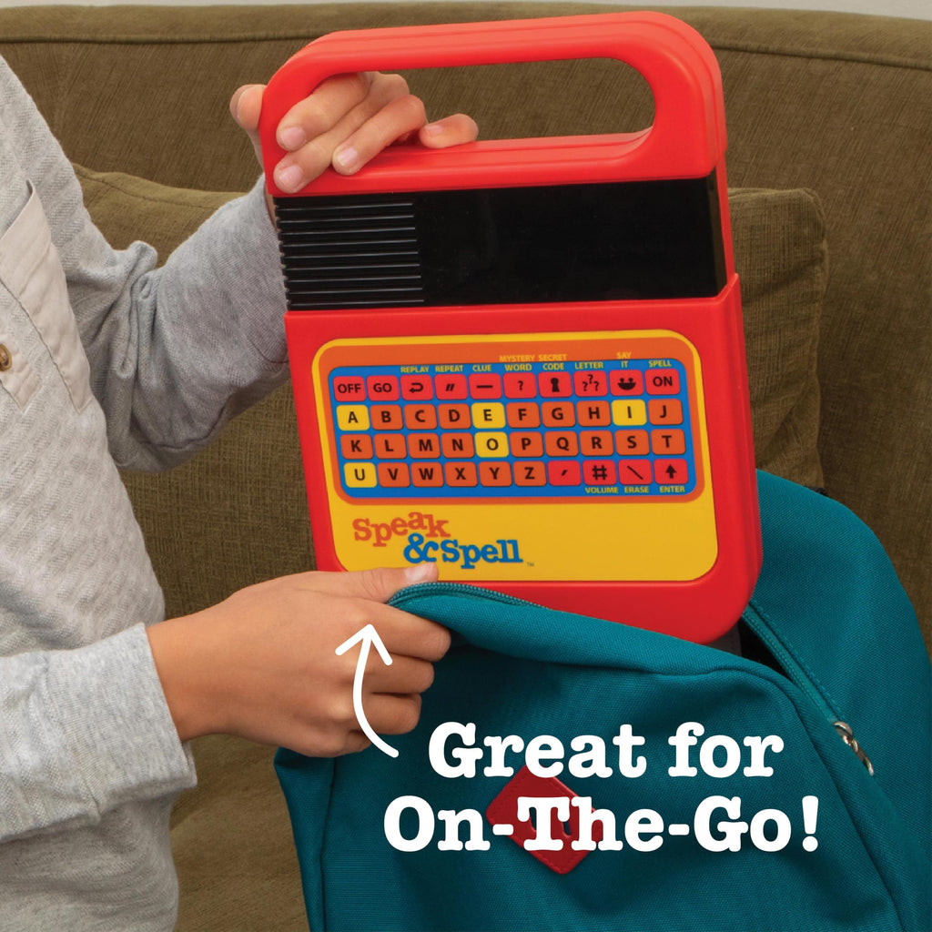 PlayMonster Speak And Spell iconic speech synthesizer toy angled perspective display highlighting lightweight portable construction