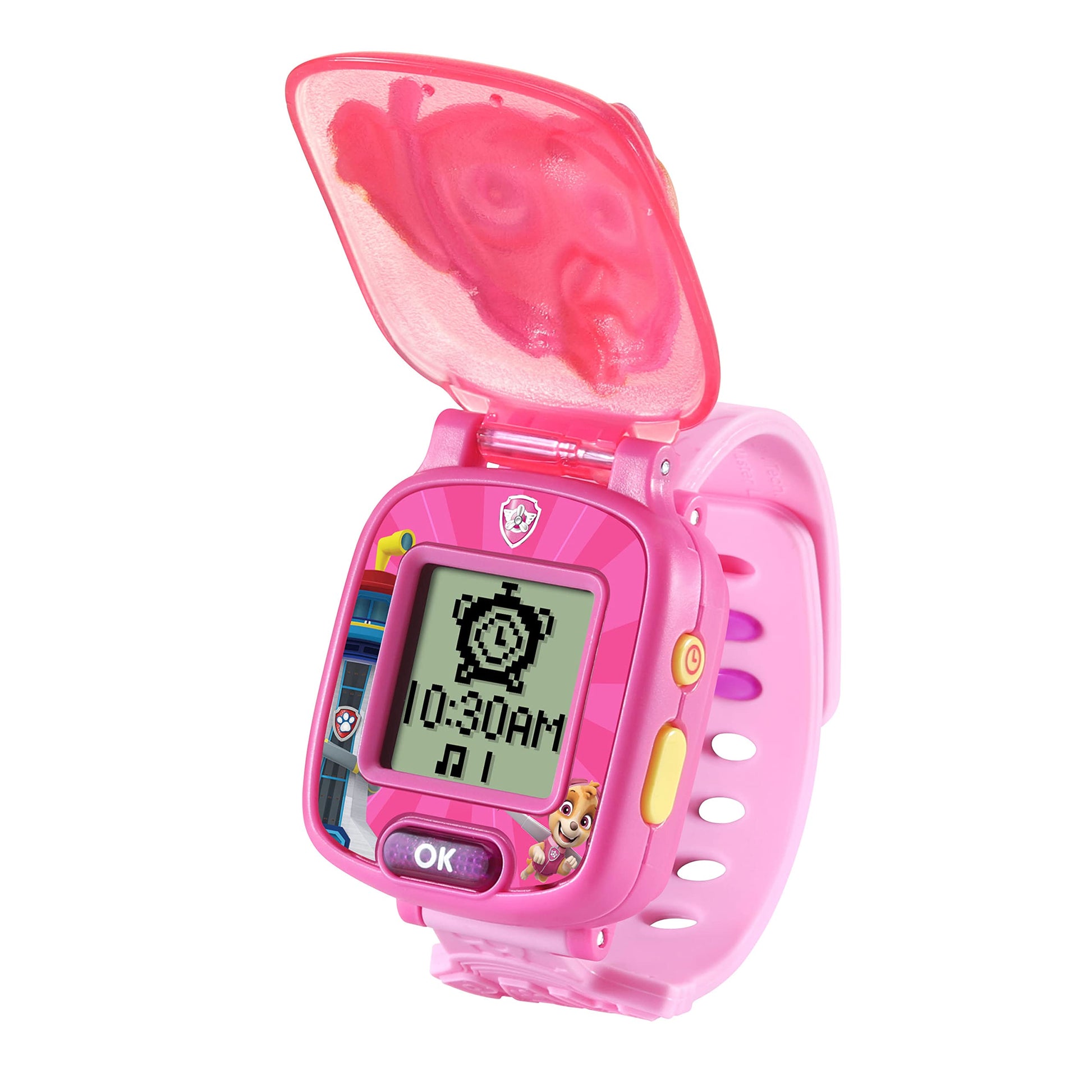 VTech PAW Patrol learning watch opened up displaying a basic math educational game on screen