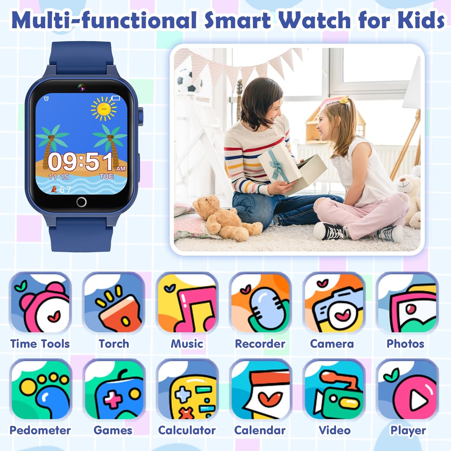 Luyiilo children electronic learning watch showing the built in camera lens on the durable side casing