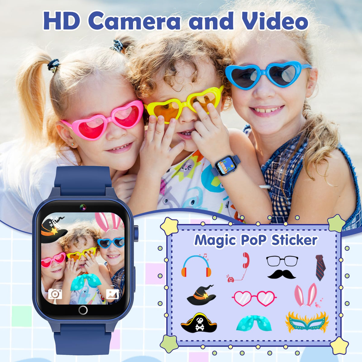 Luyiilo blue kids watch displaying one of the twenty six educational puzzle games on screen