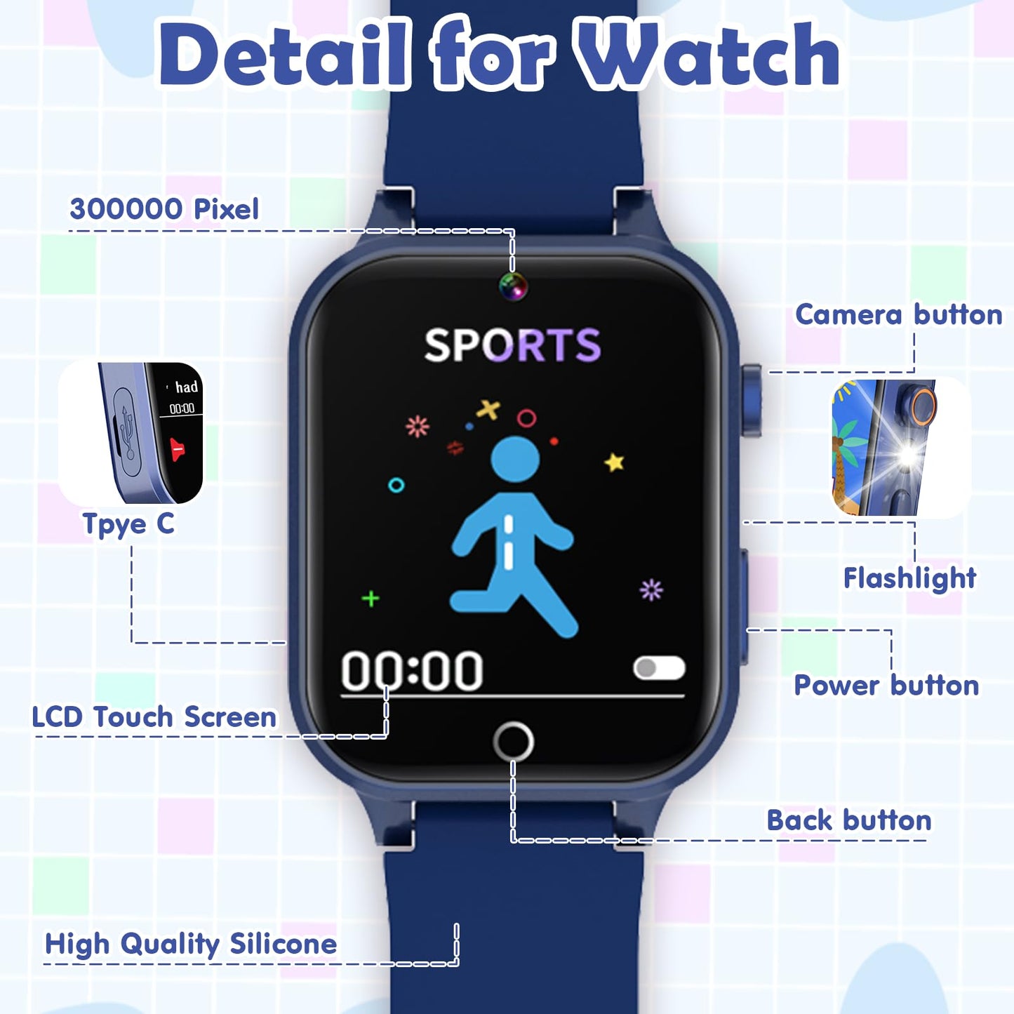 Luyiilo smart watch for ages four to twelve years showing the integrated MP3 music player interface