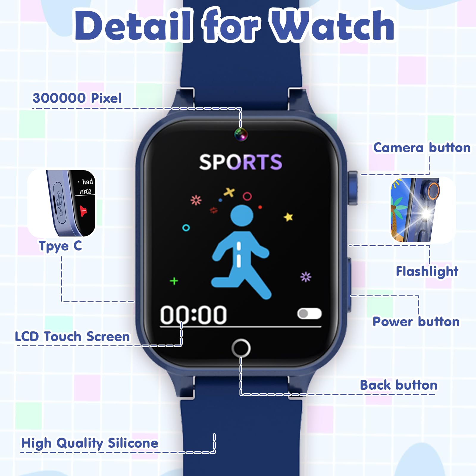 Luyiilo smart watch for ages four to twelve years showing the integrated MP3 music player interface