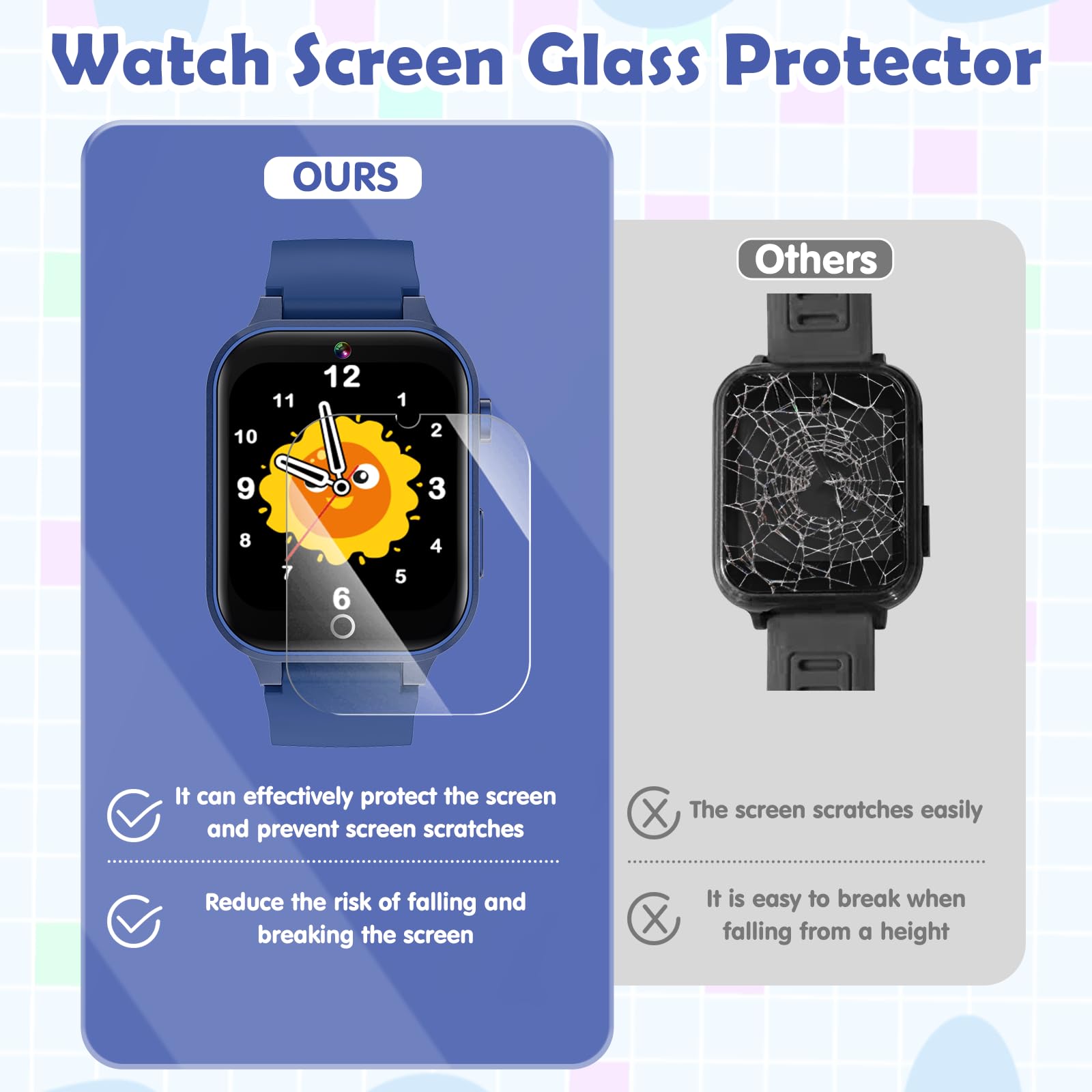 Luyiilo kids blue digital watch detailing the scratch resistant screen protector film application