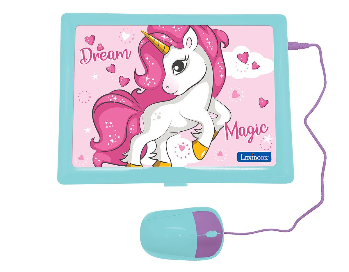 Lexibook pink unicorn toy computer closed view highlighting the compact portable design and slim profile
