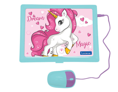 Lexibook pink unicorn toy computer closed view highlighting the compact portable design and slim profile