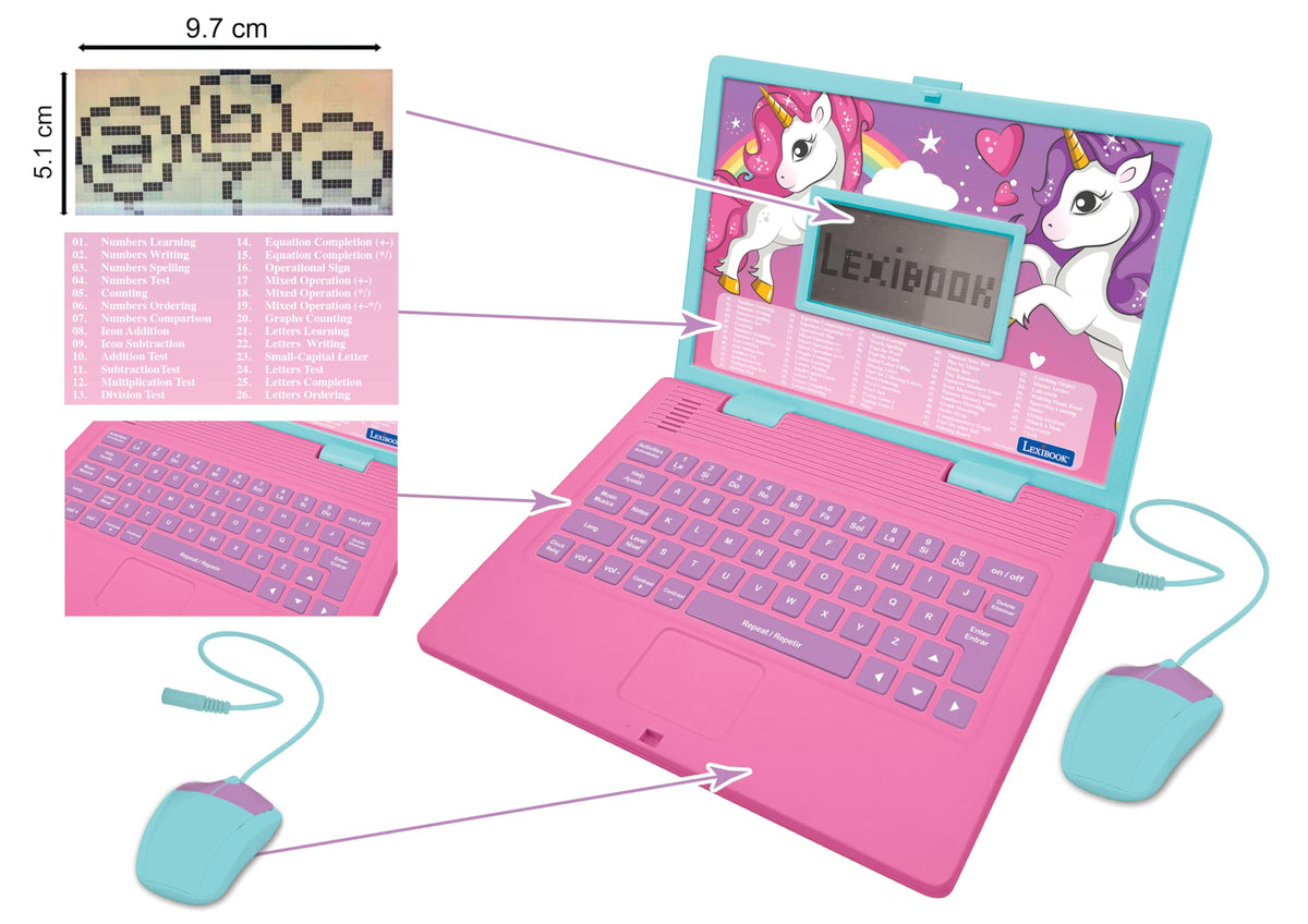 Lexibook bilingual learning laptop screen close up showcasing interactive english and spanish mathematics activities