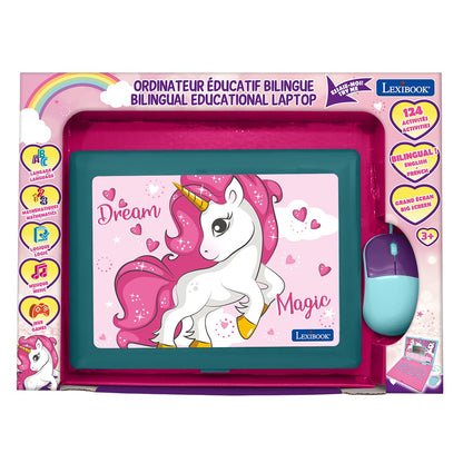 Lexibook unicorn electronic learning toy packaging box showing include graphics and clear age grading details