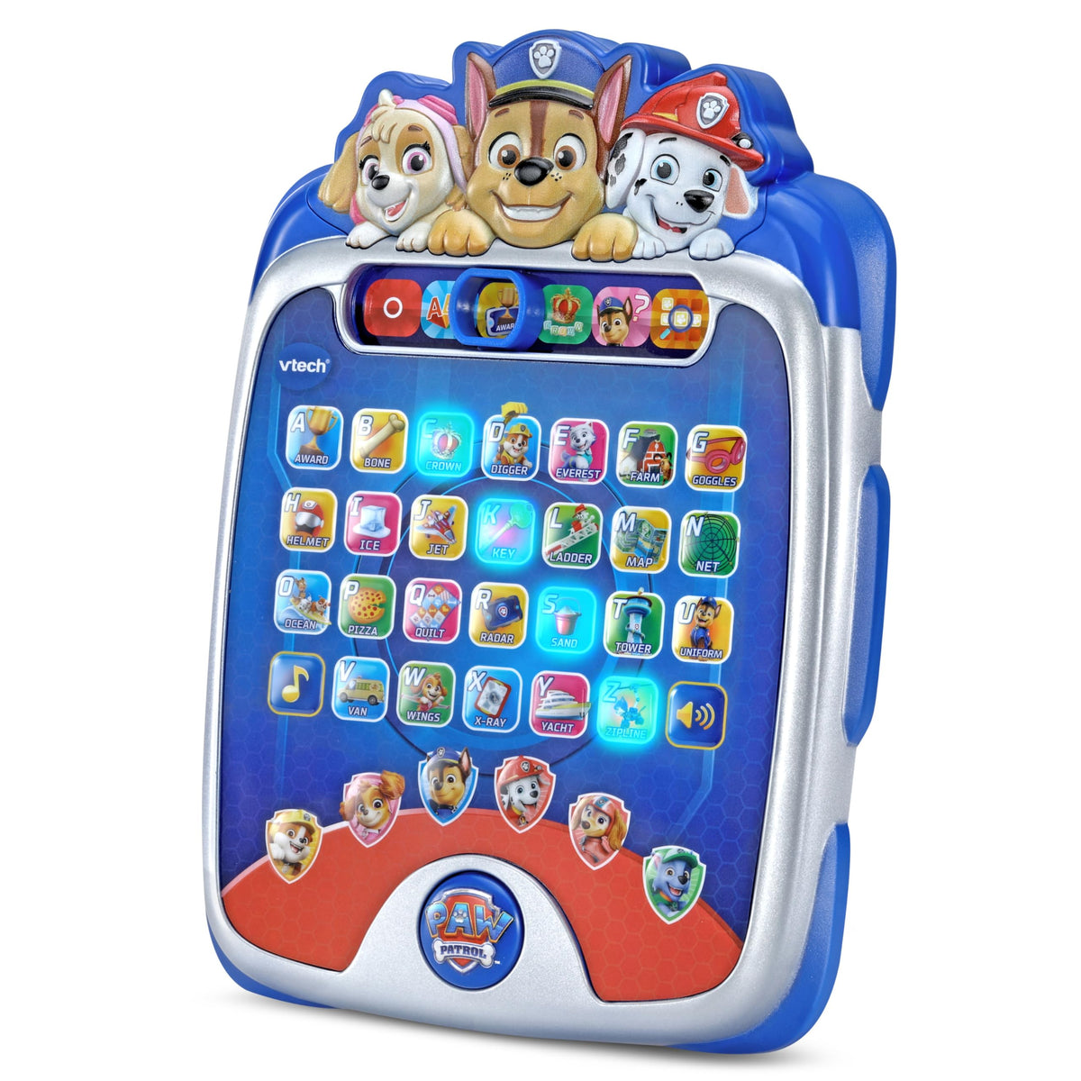 VTech interactive educational tablet displaying glowing blue and red buttons with character selection keys.
