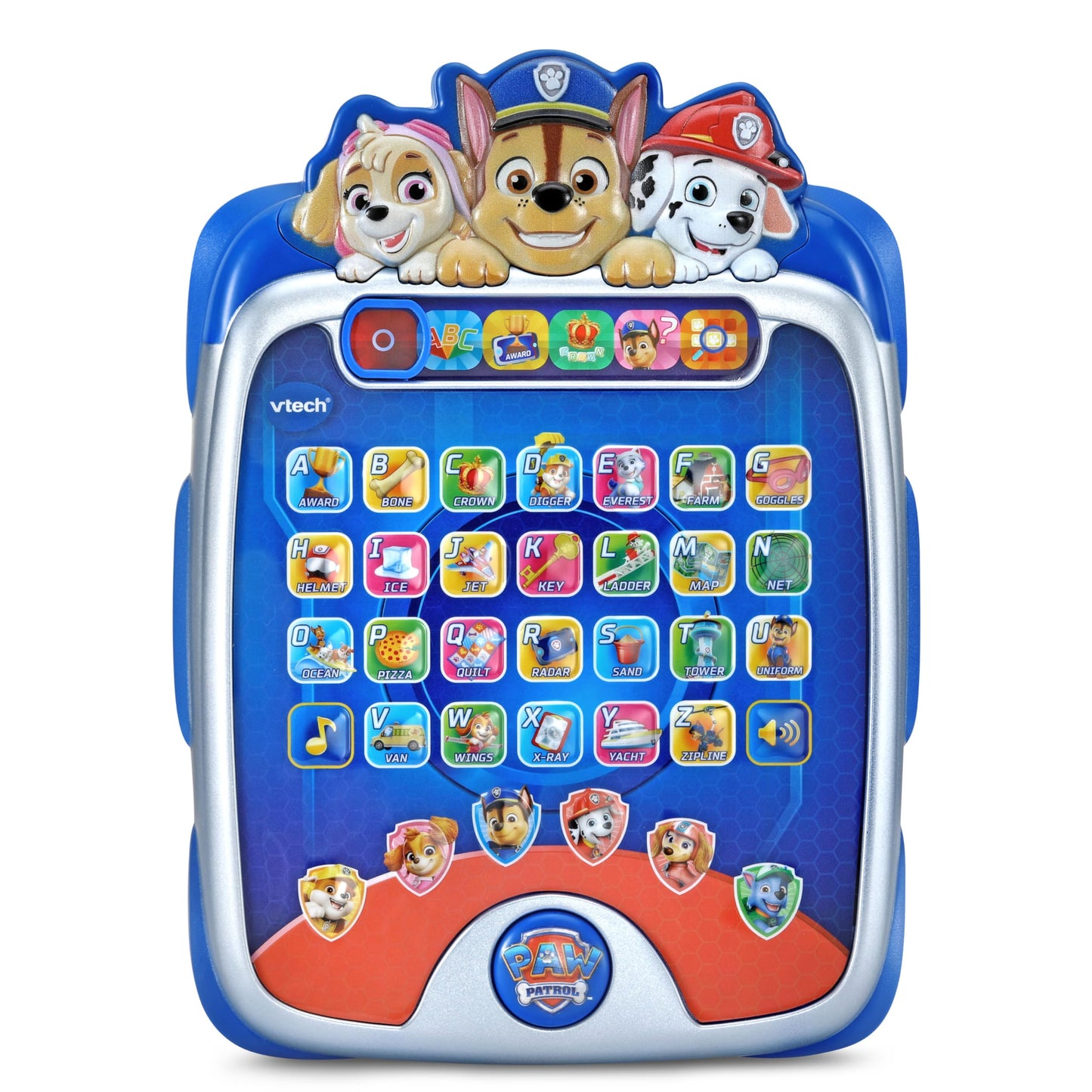 Close up view of the character buttons featuring Chase, Marshall, and Skye on the electronic learning pad.