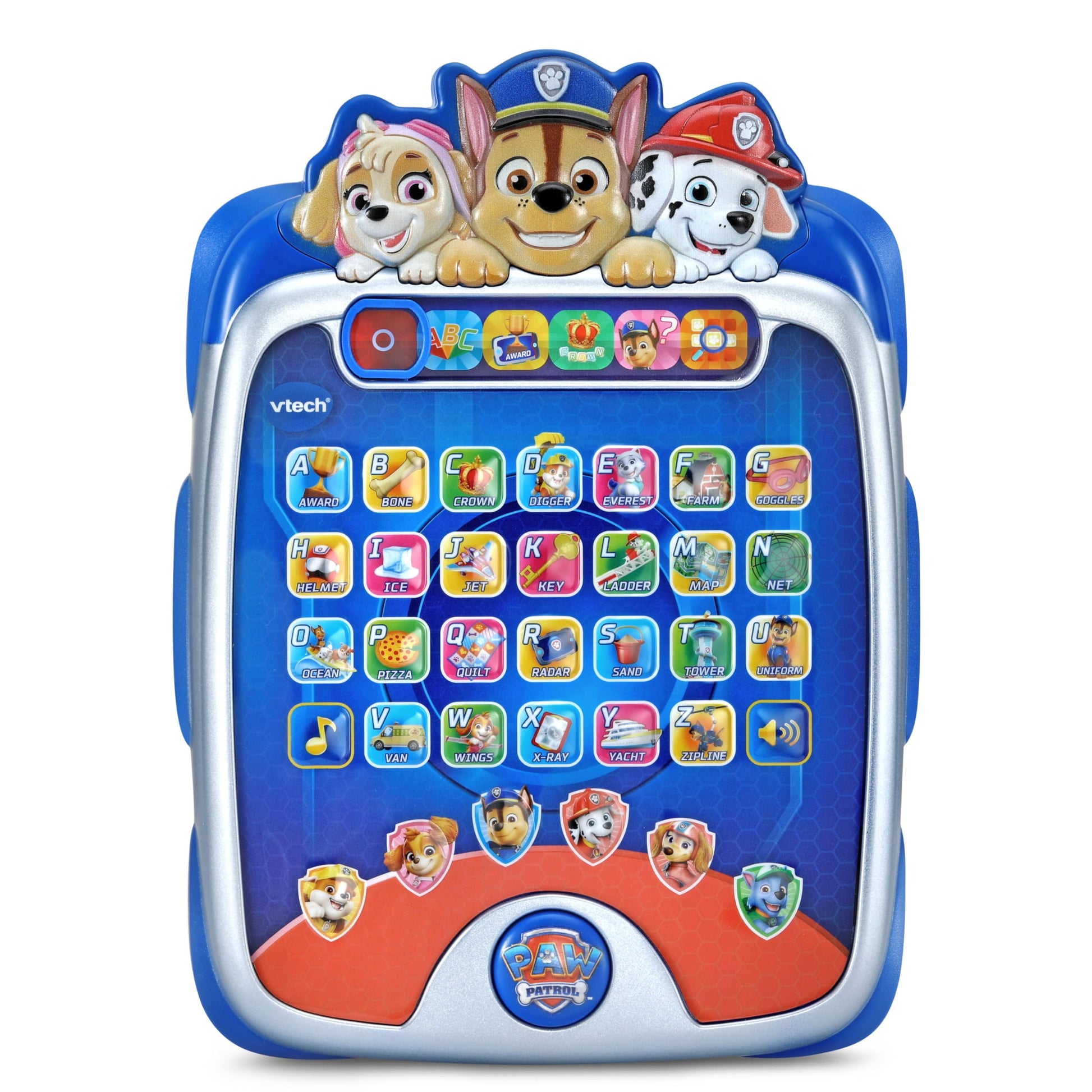 Close up view of the character buttons featuring Chase, Marshall, and Skye on the electronic learning pad.