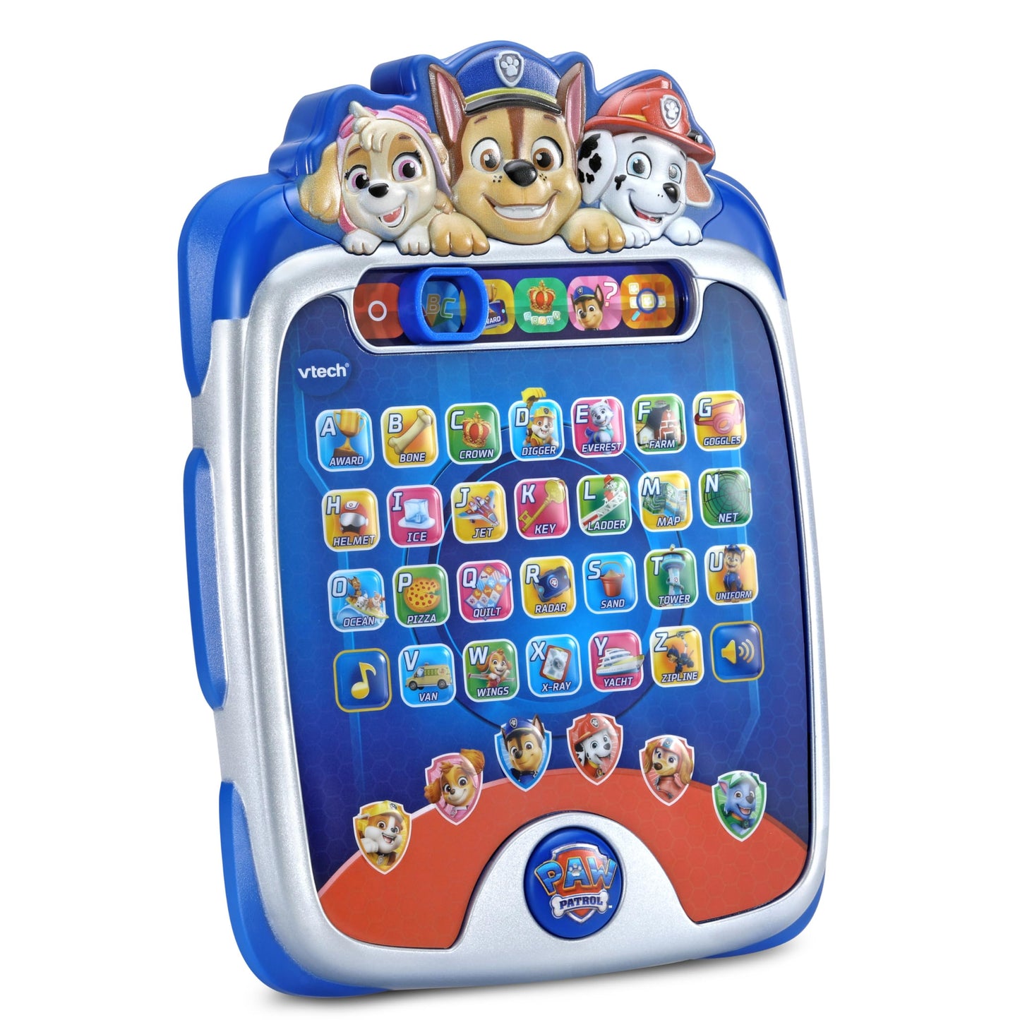 Top angle view of the durable interactive alphabet toy detailing the built in speaker and mode selectors.