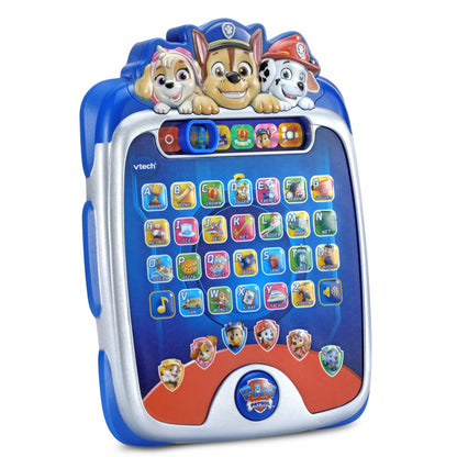 Top angle view of the durable interactive alphabet toy detailing the built in speaker and mode selectors.