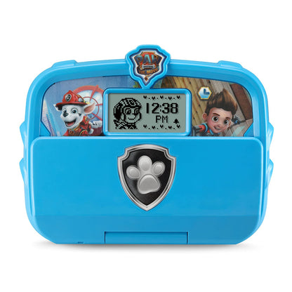 Rear view of the blue VTech learning device highlighting the convenient built-in stand.