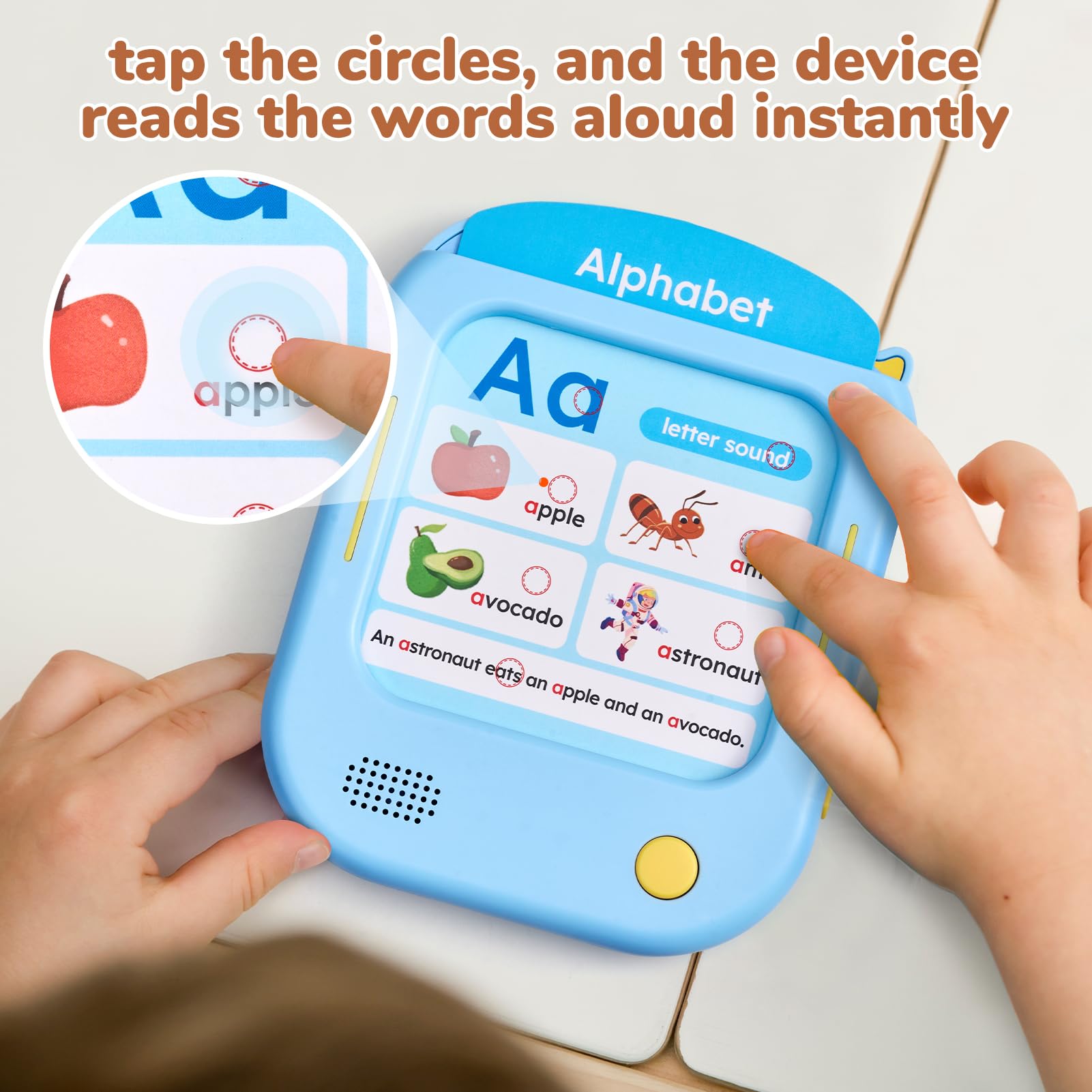 Toddler toy learning tablet close up on built in speaker and repetition button
