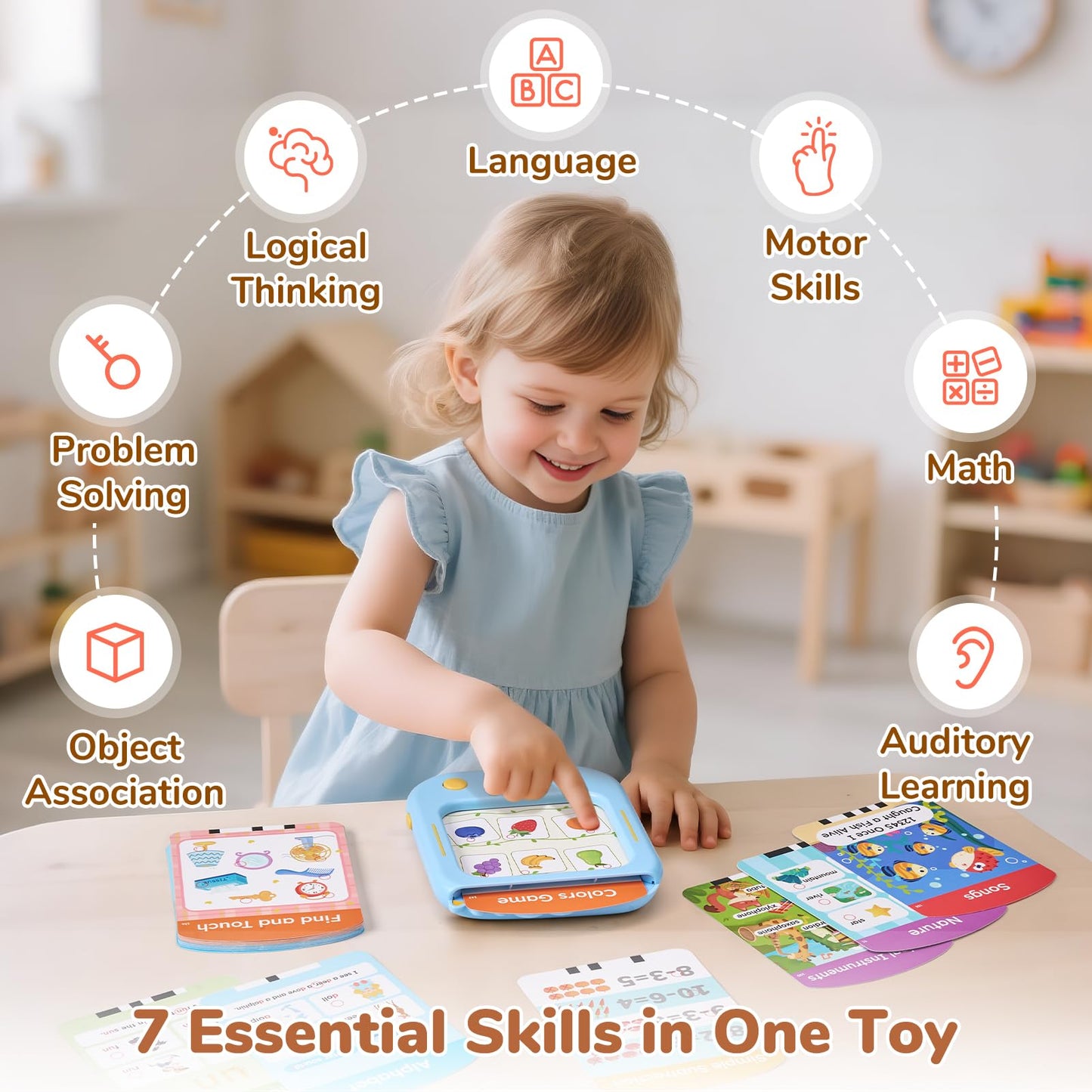Montessori math and alphabet flashcard set spread out next to device