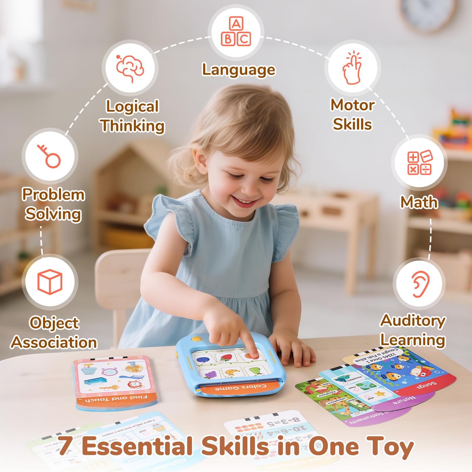 Montessori math and alphabet flashcard set spread out next to device