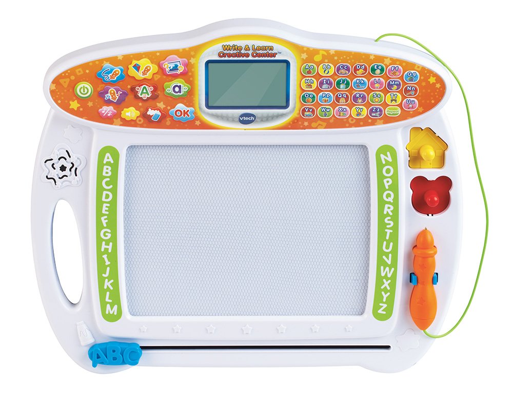 VTech magnetic drawing tablet showing uppercase letter stroke demonstration on screen