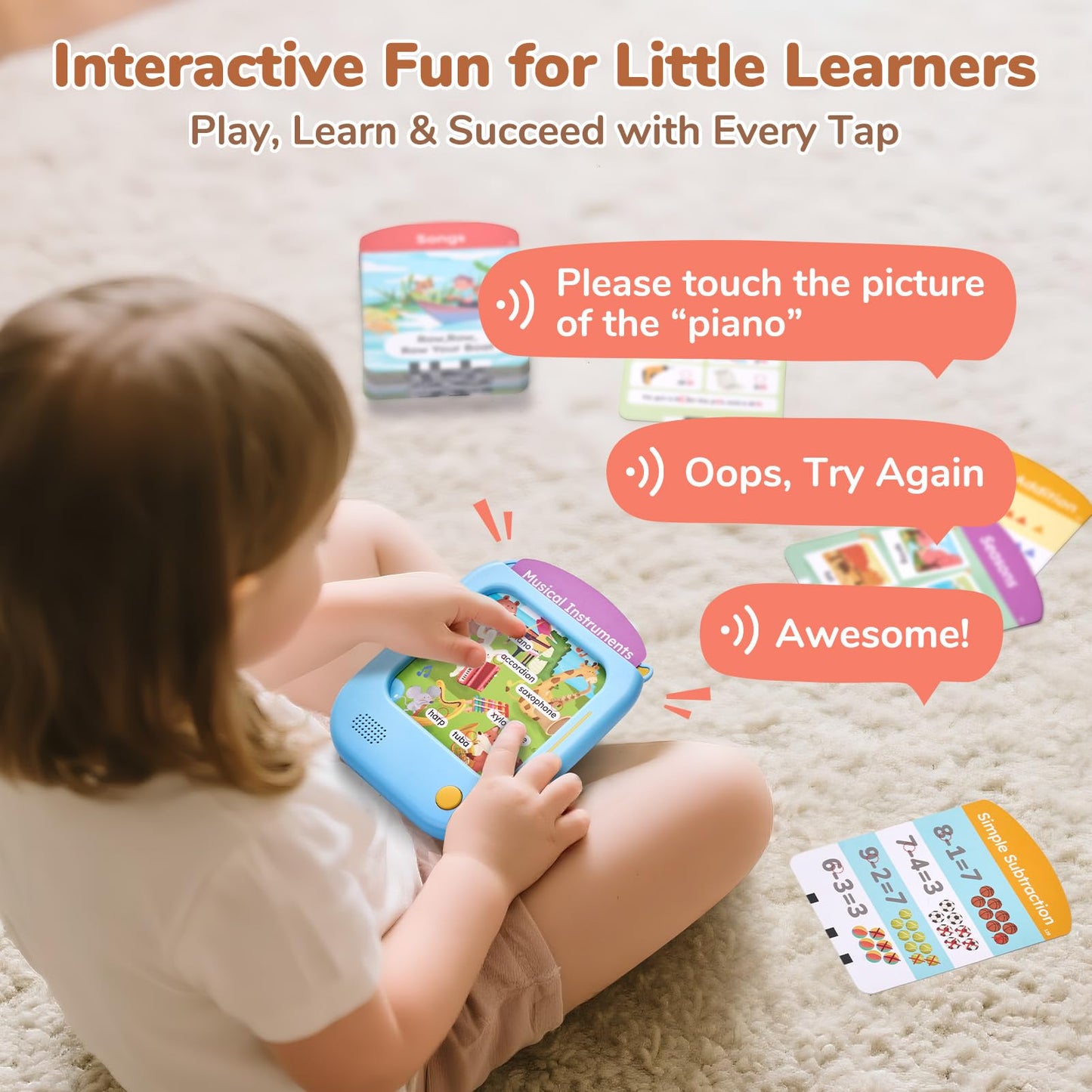 JoyCat toddler tablet with hands on touch and learn illustration details