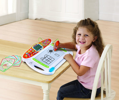 Close up of electronic stylus tracing lines on the white magnetic drawing pad