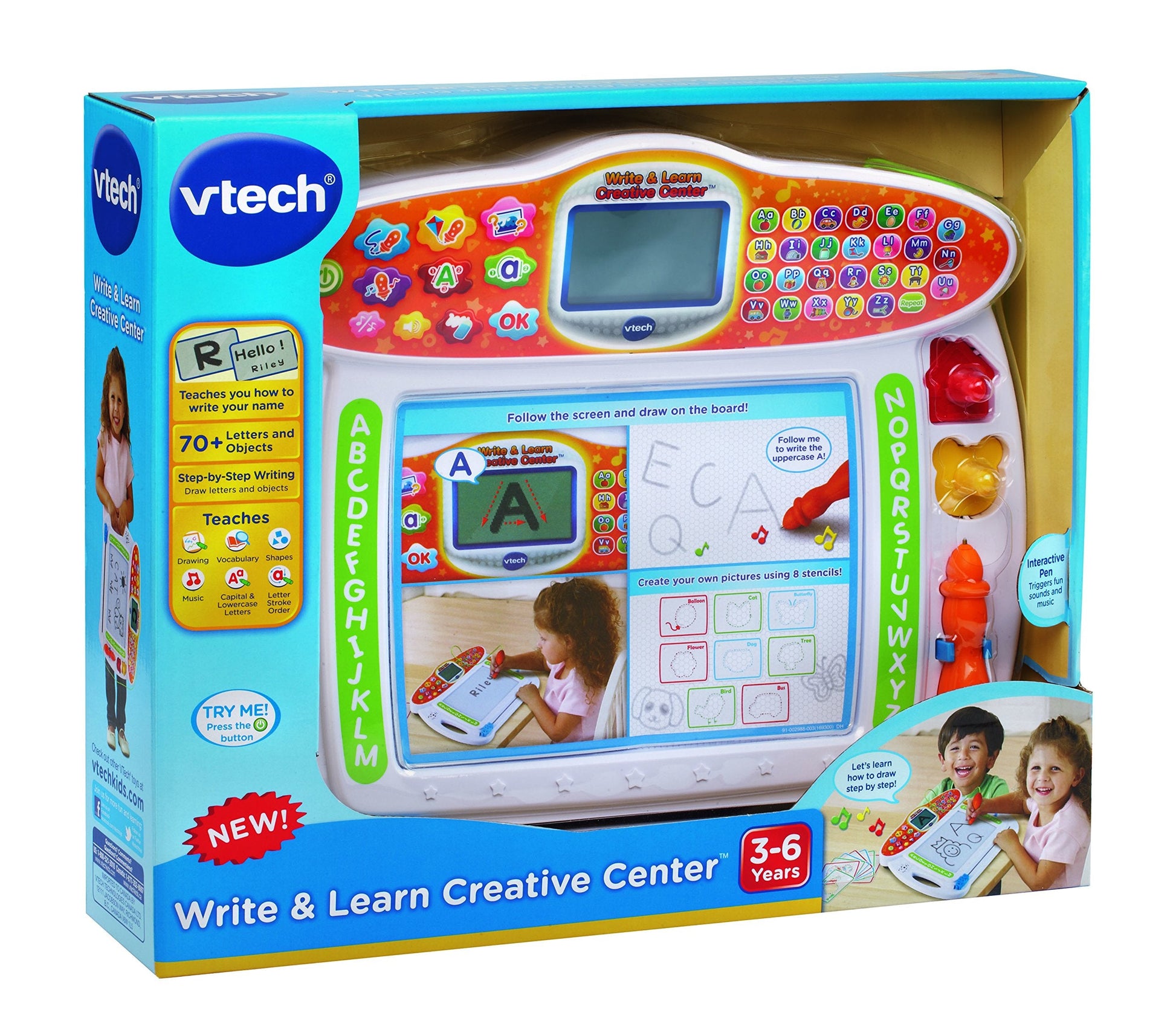 Rear view of white VTech educational center displaying battery compartment and sleek finish