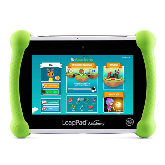 LeapFrog children educational tablet in green showing protective silicone bumper and built in stylus