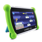 Green LeapPad Academy seven inch tablet angled view highlighting the integrated sturdy kickstand