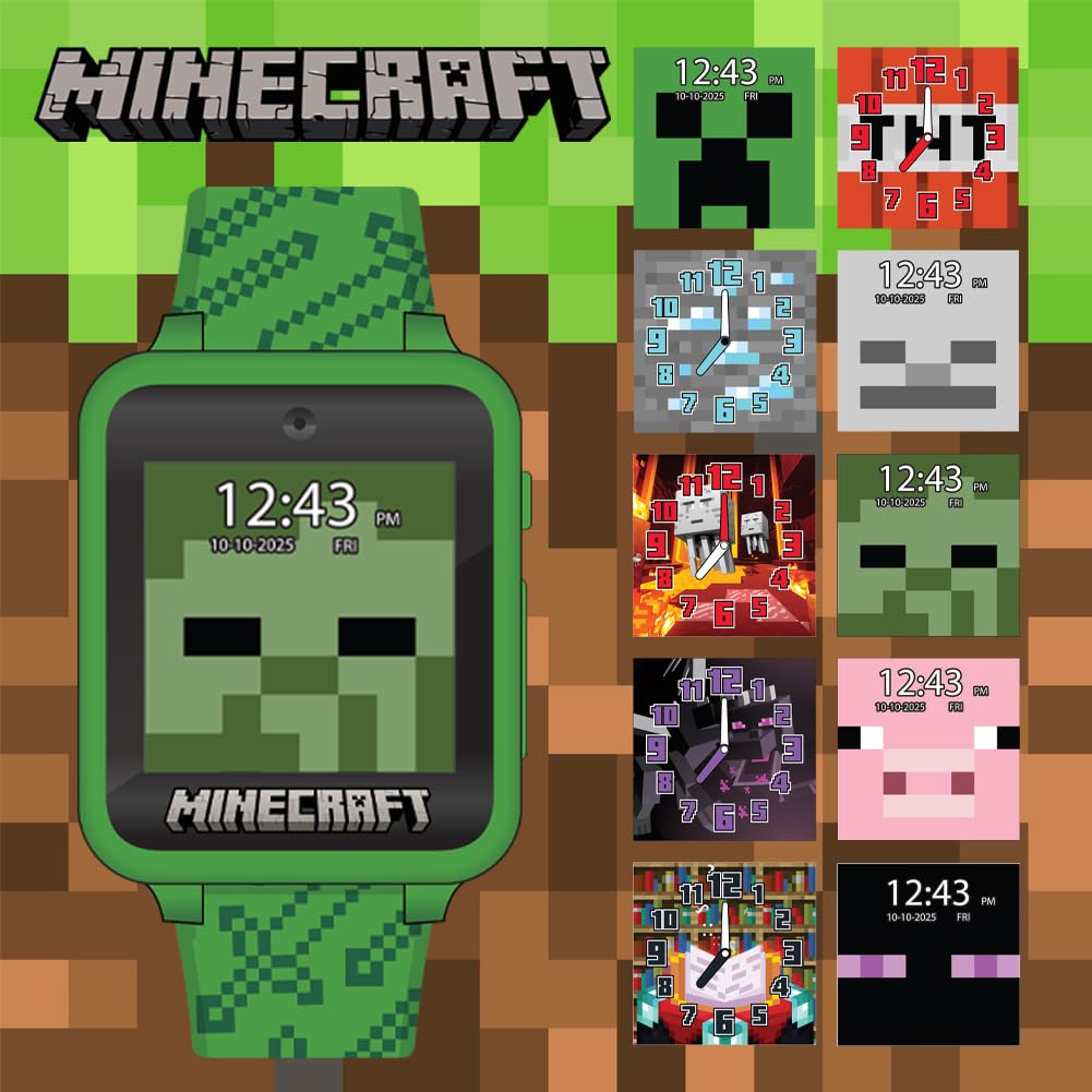 Accutime Minecraft kids touchscreen watch showing a custom Creeper clock face option