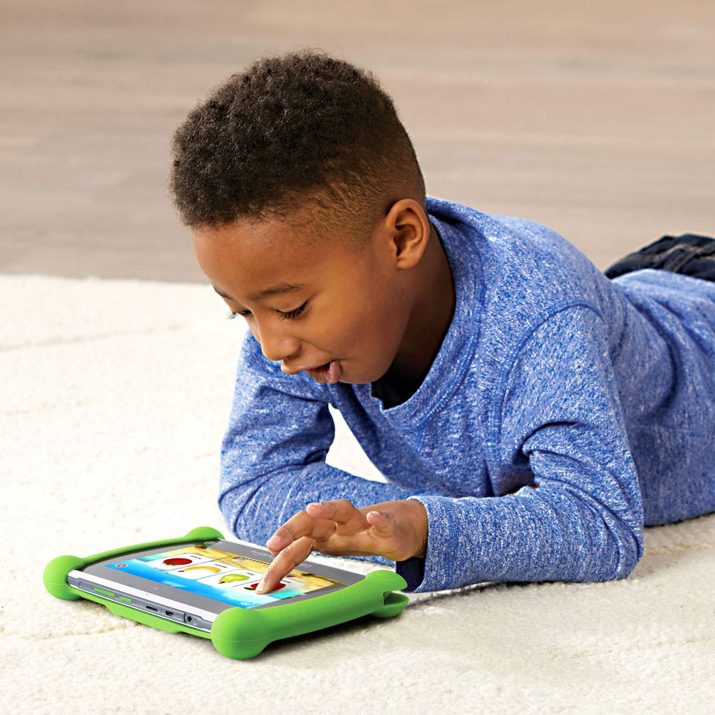 LeapFrog LeapPad Academy green variant being adjusted via the secure parental control settings panel