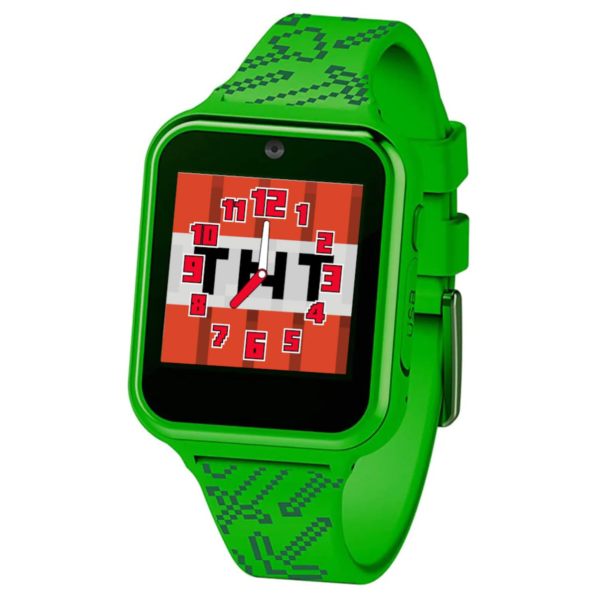 Accutime educational smart watch toy for boys and girls highlighting the built-in selfie camera lens