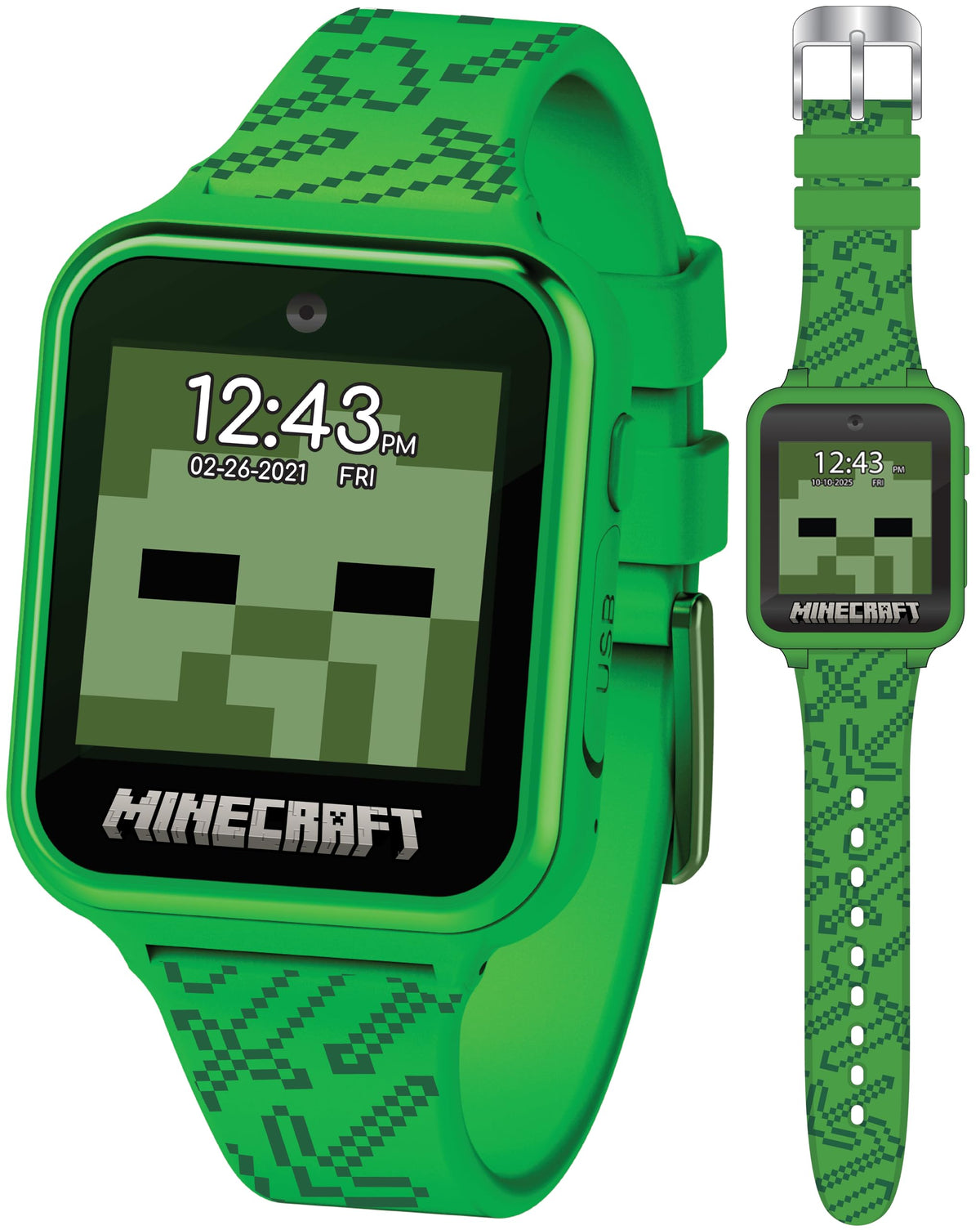 Accutime Minecraft green silicone strap with secure metal buckle adjustment for kids wrists