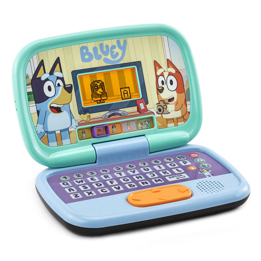Vtech preschool learning computer showing the character slider and menu buttons